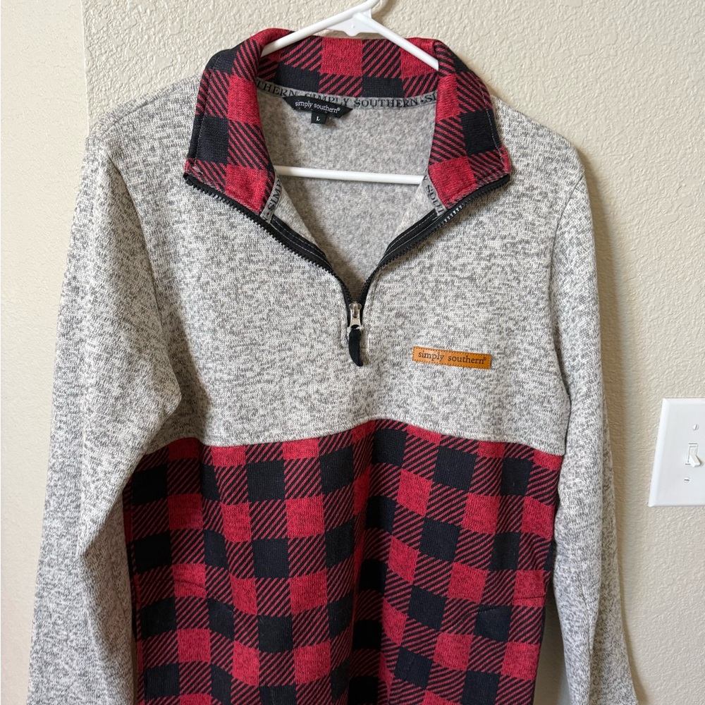 Simply Southern Gray and Red Checkered Zip-Up Sweater